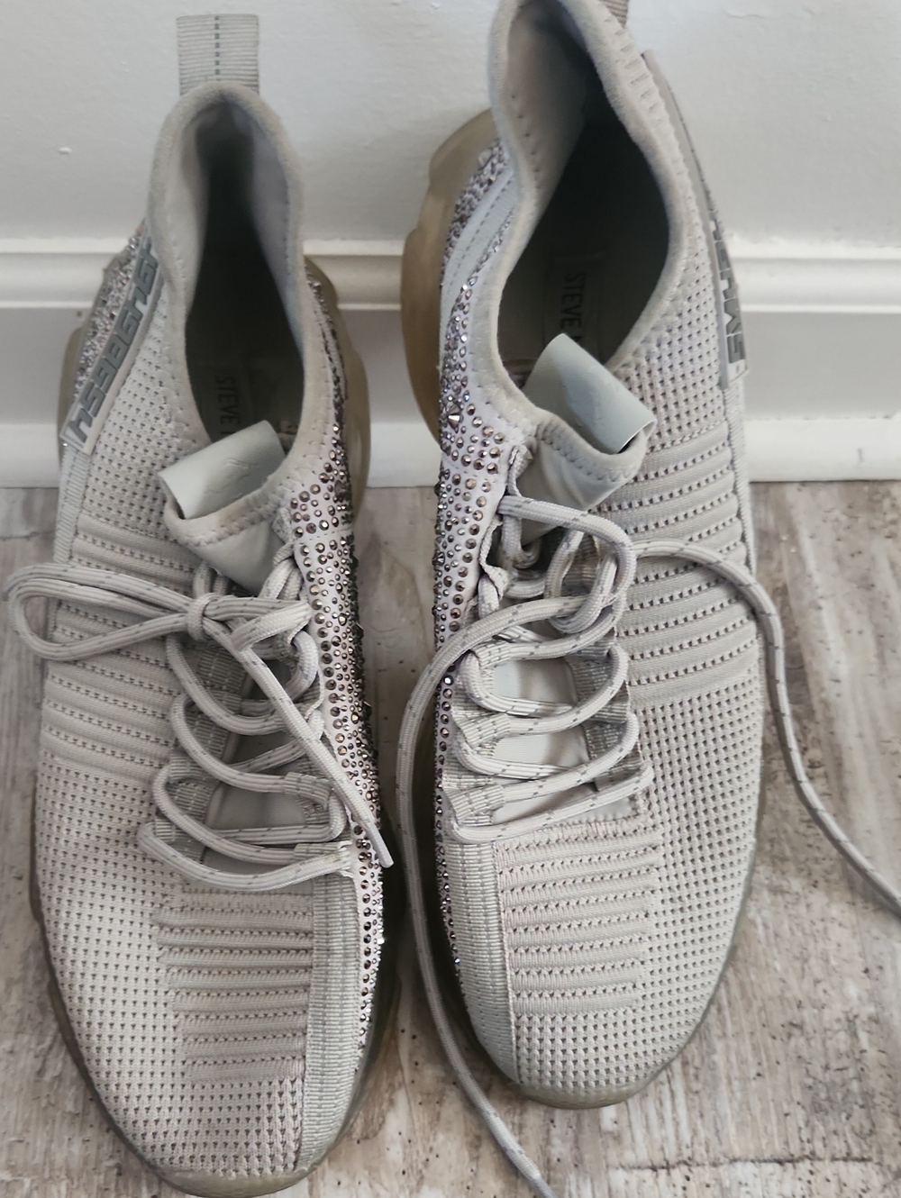Steve Madden Men's Light Gray Knit Lace-Up Sneakers with Crystal Embellishments